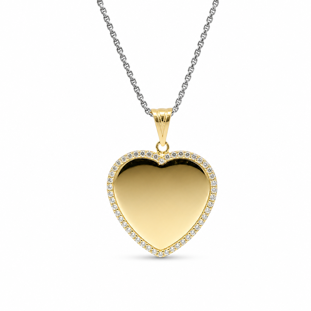 14KT Gold Charm Small Flat Plain Engravable Heart with White CZ Stones Border and Plain Bell