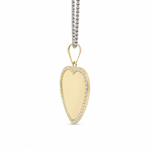 14KT Gold Charm Small Flat Plain Engravable Heart with White CZ Stones Border and Plain Bell