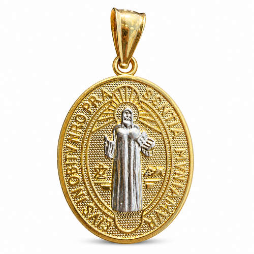 14KT Gold Charm Small Two Tone Oval St Benedict Coin with Plain Bell