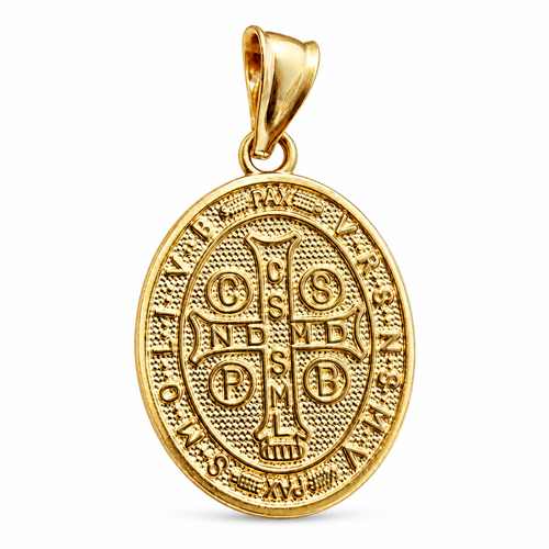 14KT Gold Charm Small Two Tone Oval St Benedict Coin with Plain Bell
