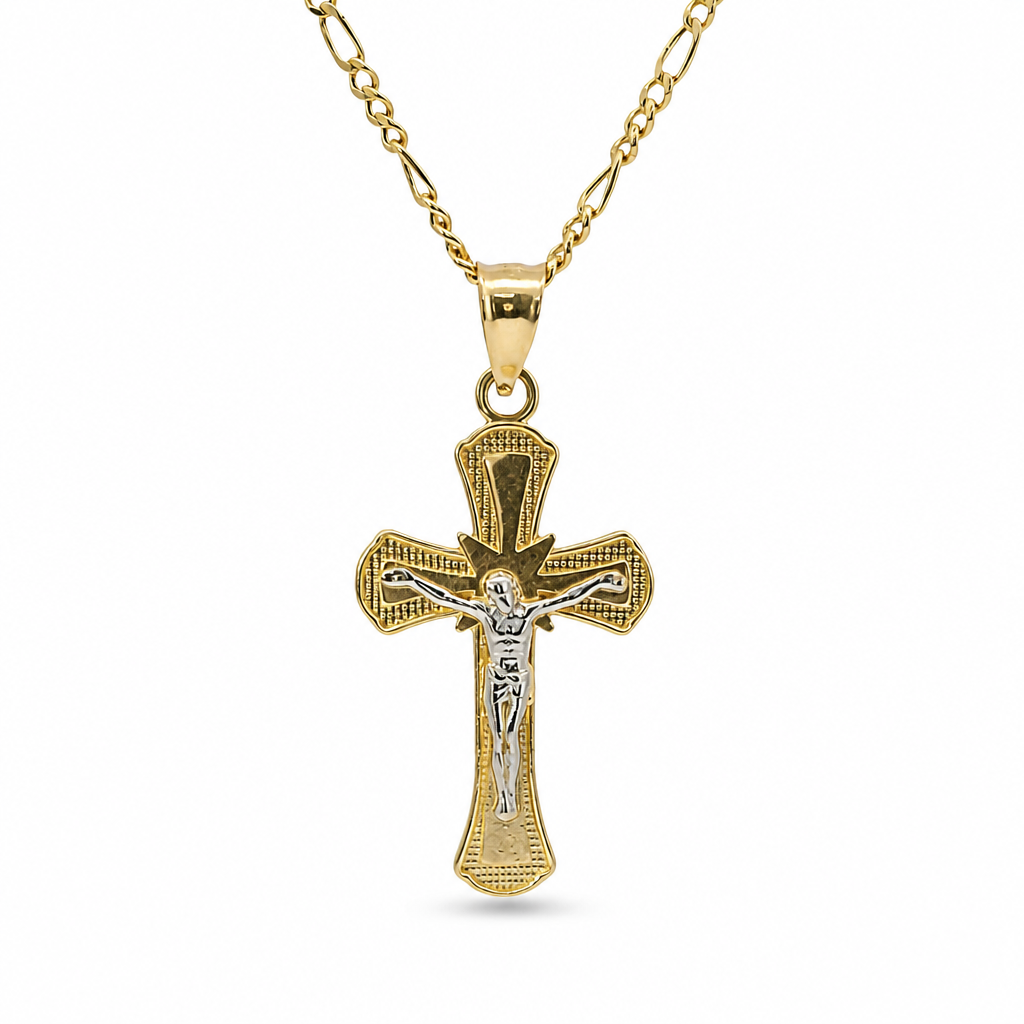 14KT Gold Charm Small Two Tone Bell Flare Ends Crucifix Cross with Plain Bell