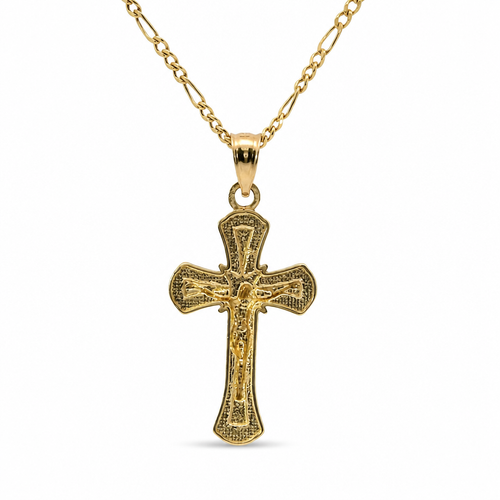 14KT Gold Charm Small Two Tone Bell Flare Ends Crucifix Cross with Plain Bell
