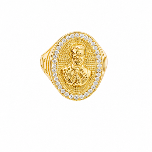 14K Gold Ring Men's Oval Coin Malverde Center with White CZ Stone Border and Greek Style Design on Each Sides