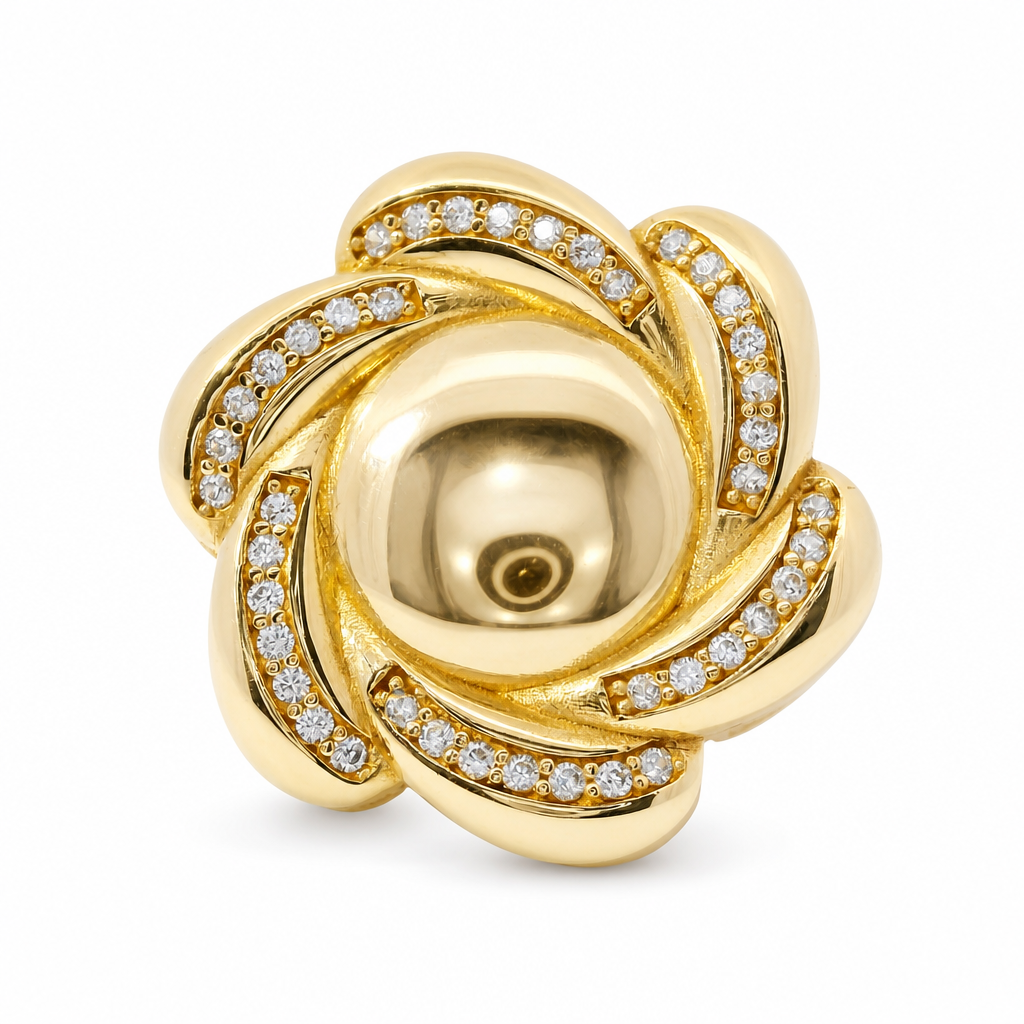 14KT Gold Ring Women's Jumbo Six Petal Pinwheel Flower Plain Center White CZ Stones on Petals with Triple Row White CZ Stones on Edge with Plain Band
