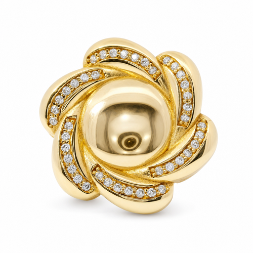 14KT Gold Ring Women's Jumbo Six Petal Pinwheel Flower Plain Center White CZ Stones on Petals with Triple Row White CZ Stones on Edge with Plain Band