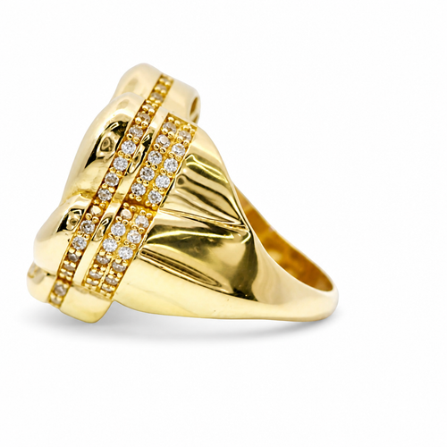 14KT Gold Ring Women's Jumbo Six Petal Pinwheel Flower Plain Center White CZ Stones on Petals with Triple Row White CZ Stones on Edge with Plain Band