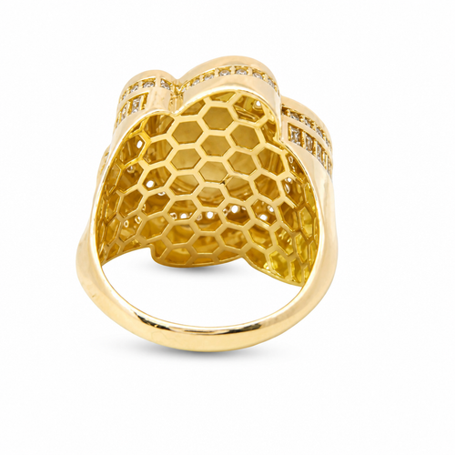 14KT Gold Ring Women's Jumbo Six Petal Pinwheel Flower Plain Center White CZ Stones on Petals with Triple Row White CZ Stones on Edge with Plain Band