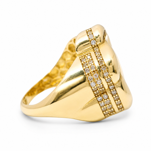 14KT Gold Ring Women's Jumbo Six Petal Pinwheel Flower Plain Center White CZ Stones on Petals with Triple Row White CZ Stones on Edge with Plain Band