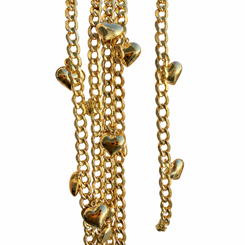 14KT Gold Hollow Curb Anklet with Puff Heart Charms 2.5mm
