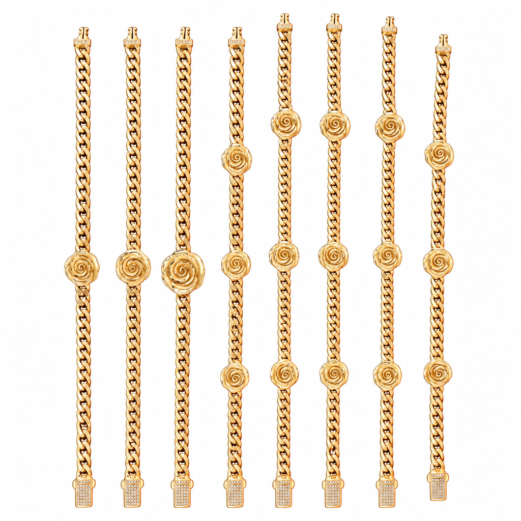14KT Gold Bracelet Hollow Miami Cuban Link Rose Charm Bracelet with Plain White CZ Stones Lock 3mm