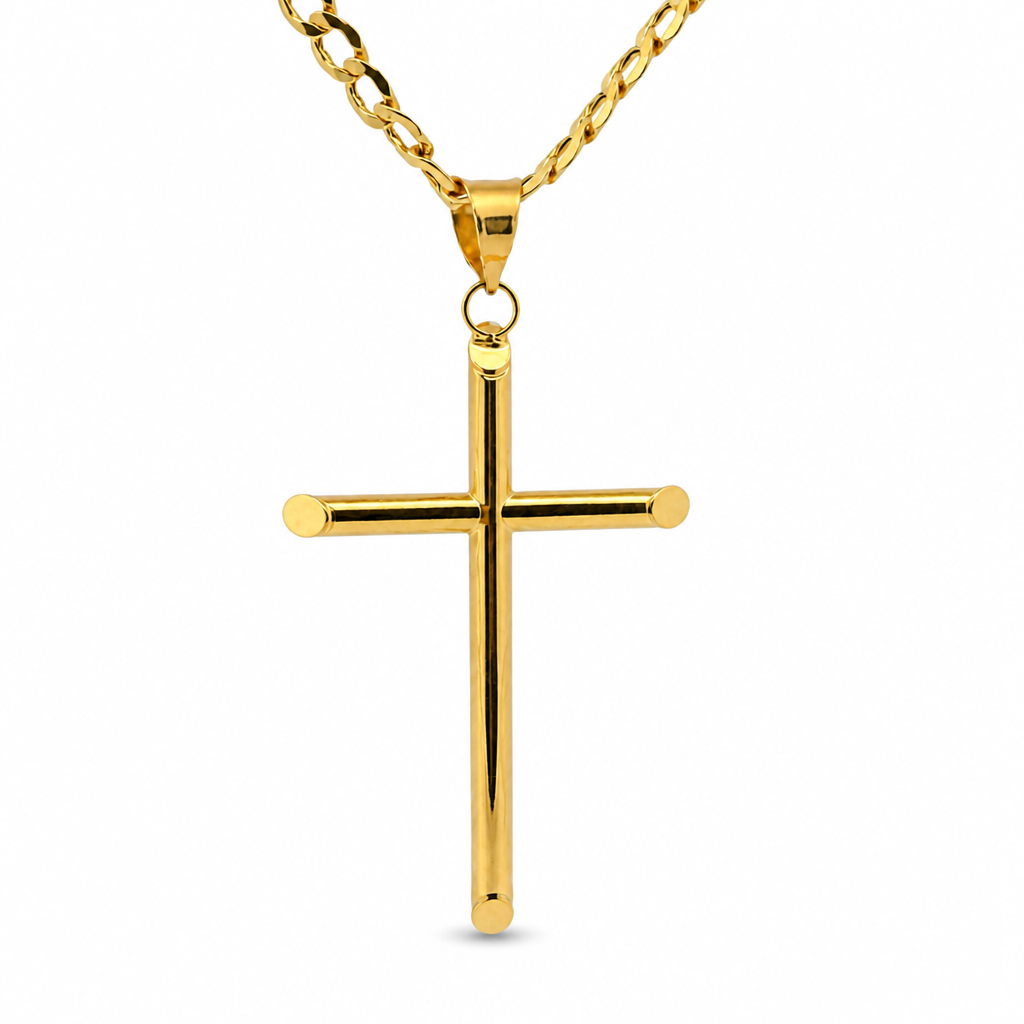 14KT Gold Charm Medium Plain Hollow Tube Slant Ends Cross with Plain Bell