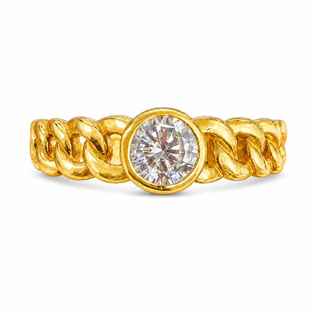 14KT Gold Ring Women's Plain Puff Cuban Band with One Round White CZ Stone Center
