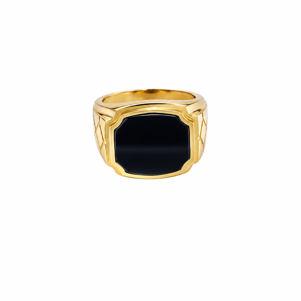 14KT Gold Ring Men's Plain Square Signet Onyx Side Design Triple Stack Rhombus
