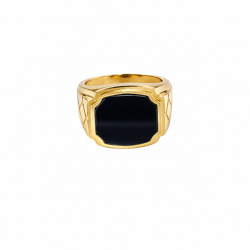 14KT Gold Ring Men's Plain Square Signet Onyx Side Design Triple Stack Rhombus