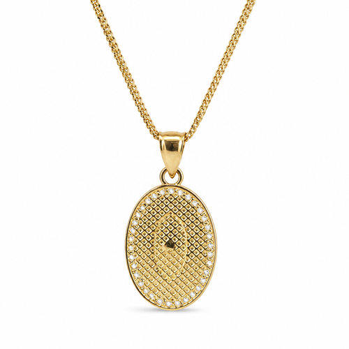 14KT Gold Charm Small Oval Two Tone Virgin Mary Quinceanera "15 Anos" Coin with White CZ Stones Border and Plain Bell