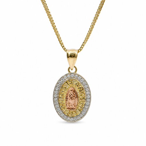 14KT Gold Charm Small Oval Two Tone Virgin Mary Quinceanera "15 Anos" Coin with White CZ Stones Border and Plain Bell