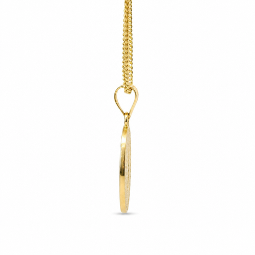 14KT Gold Charm Small Oval Two Tone Virgin Mary Quinceanera "15 Anos" Coin with White CZ Stones Border and Plain Bell