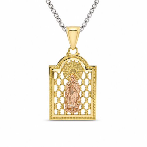 14KT Gold Charm Medium Two Tone Virgin Mary Lattice Square Archway with Plain Bell