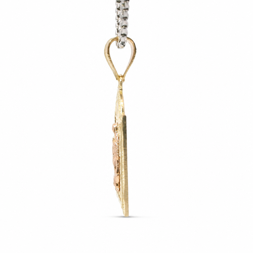 14KT Gold Charm Medium Two Tone Virgin Mary Lattice Square Archway with Plain Bell