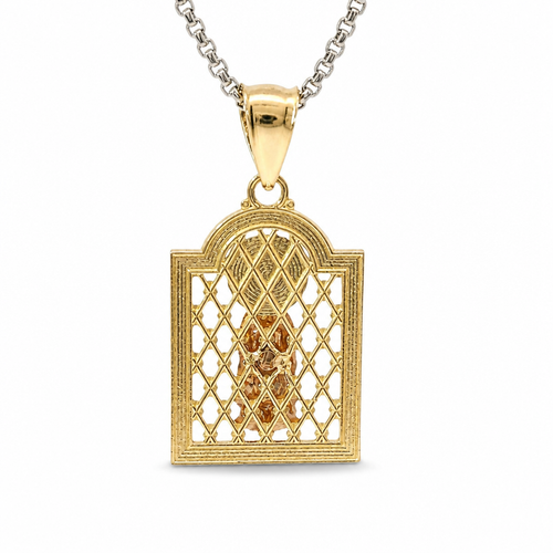 14KT Gold Charm Medium Two Tone Virgin Mary Lattice Square Archway with Plain Bell