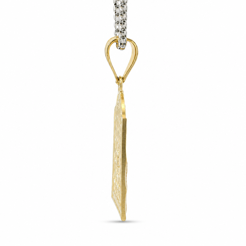 14KT Gold Charm Medium Two Tone Virgin Mary Lattice Square Archway with Plain Bell