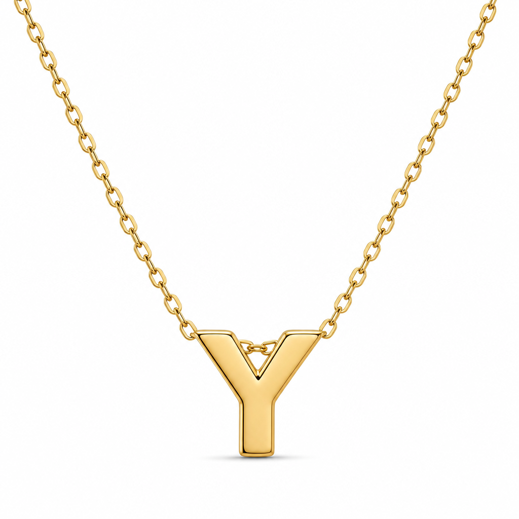 14KT Gold Solid Set Thin Chain Cable Link with Spring Lock Clasp and Single Block Font Uppercase Initial "Y"
