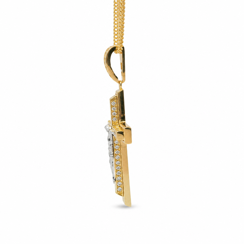 14KT Gold Charm Medium Two Tone Raised Platform Crucifix Cross with Diamond Cut Border and White CZ Stones Under Center Platform and White CZ Stone Bell