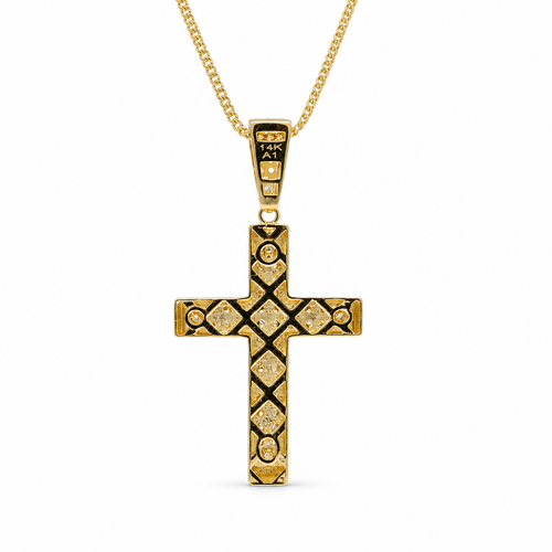 14KT Gold Charm Medium Two Tone Raised Platform Crucifix Cross with Diamond Cut Border and White CZ Stones Under Center Platform and White CZ Stone Bell