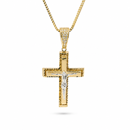 14KT Gold Charm Medium Two Tone Raised Platform Crucifix Cross with Diamond Cut Border and White CZ Stones Under Center Platform and White CZ Stone Bell