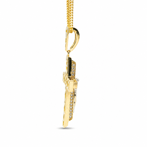 14KT Gold Charm Medium Two Tone Raised Platform Crucifix Cross with Diamond Cut Border and White CZ Stones Under Center Platform and White CZ Stone Bell