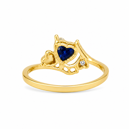 14KT Gold Ring Women's Navy Blue Heart Shape Center CZ Stone Left White Round CZ Stone with Two Plain Hearts and Plain Bypass Band Upper - Rope Lower Band Plain