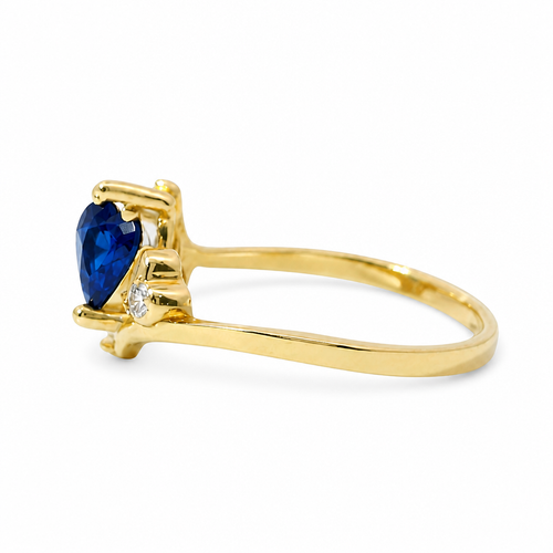 14KT Gold Ring Women's Navy Blue Heart Shape Center CZ Stone Left White Round CZ Stone with Two Plain Hearts and Plain Bypass Band Upper - Rope Lower Band Plain