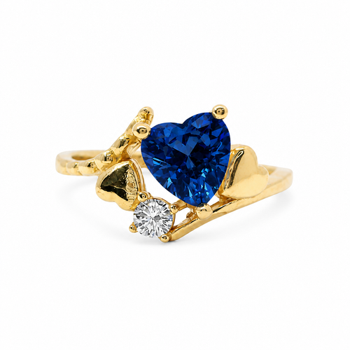 14KT Gold Ring Women's Navy Blue Heart Shape Center CZ Stone Left White Round CZ Stone with Two Plain Hearts and Plain Bypass Band Upper - Rope Lower Band Plain