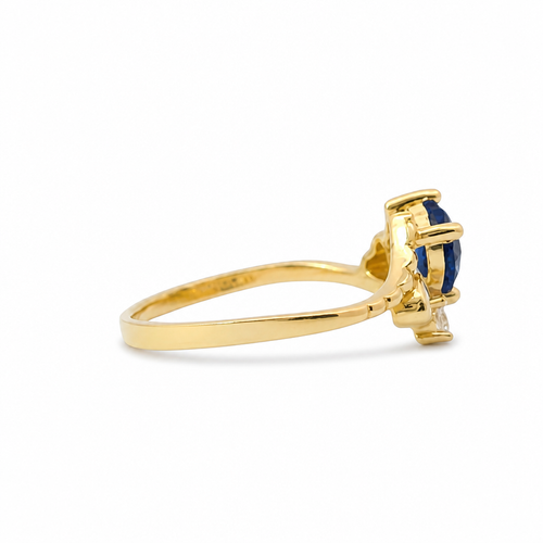 14KT Gold Ring Women's Navy Blue Heart Shape Center CZ Stone Left White Round CZ Stone with Two Plain Hearts and Plain Bypass Band Upper - Rope Lower Band Plain