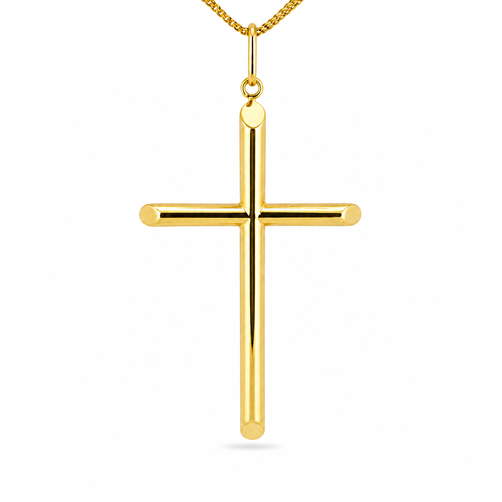 14KT Gold Charm Medium Plain Hollow Tube Slant Ends Cross with Plain Oval Bell