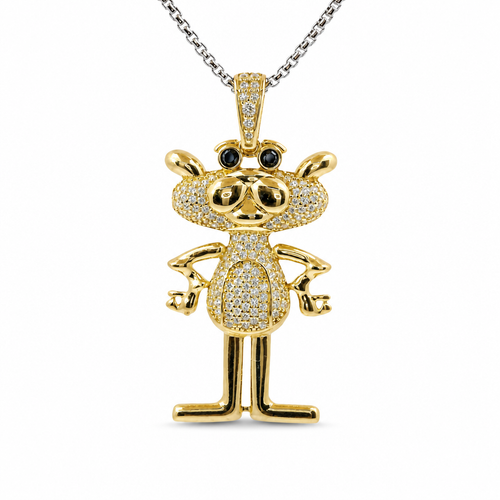 14KT Gold Charm White CZ Stones Pink Panther with Black CZ Eyes and White CZ Stones Bell