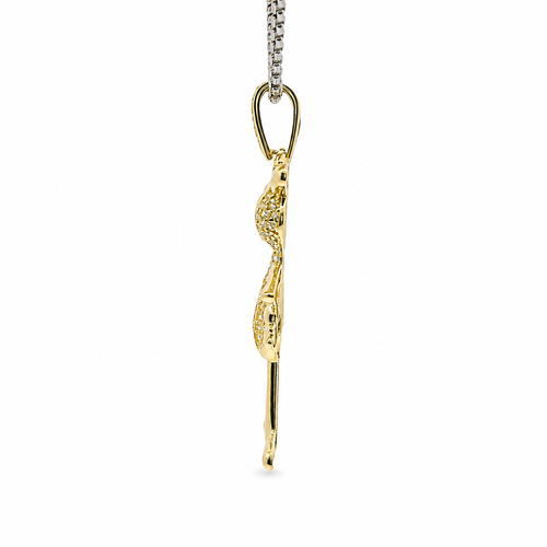 14KT Gold Charm White CZ Stones Pink Panther with Black CZ Eyes and White CZ Stones Bell