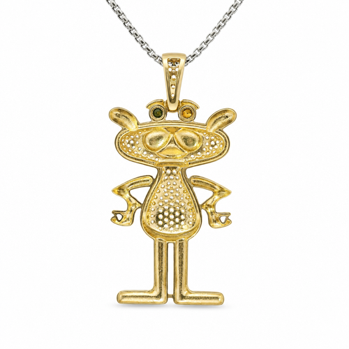 14KT Gold Charm White CZ Stones Pink Panther with Black CZ Eyes and White CZ Stones Bell