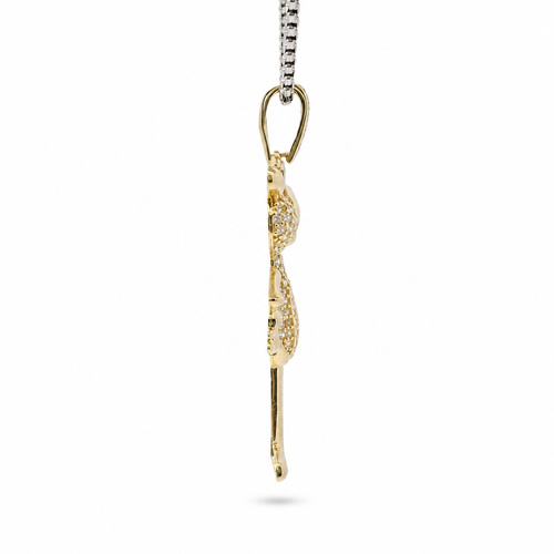 14KT Gold Charm White CZ Stones Pink Panther with Black CZ Eyes and White CZ Stones Bell