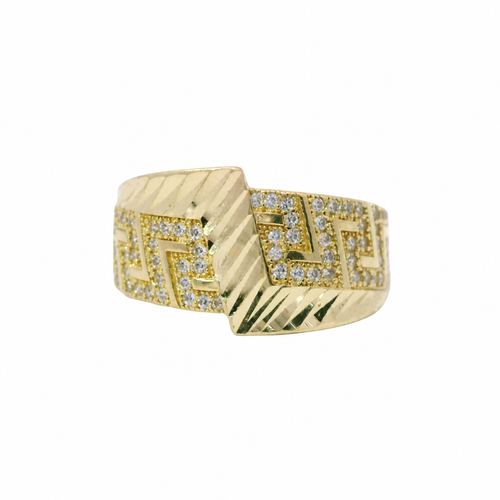 14KT Gold Ring Women's Jumbo White CZ Stone Greek Band with Diamond Cut Lightning Bolt Across Center of Band