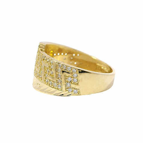 14KT Gold Ring Women's Jumbo White CZ Stone Greek Band with Diamond Cut Lightning Bolt Across Center of Band