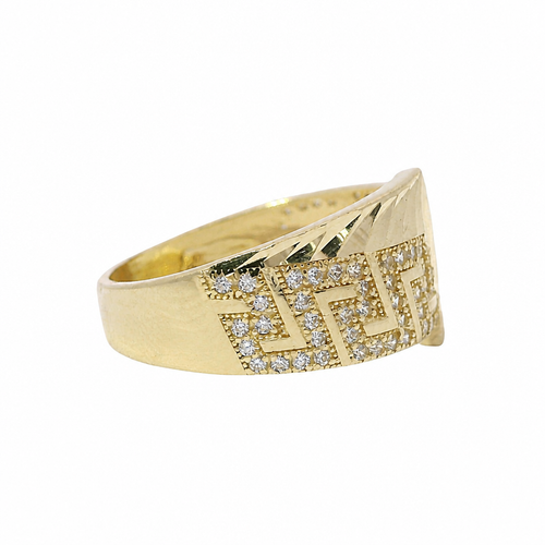 14KT Gold Ring Women's Jumbo White CZ Stone Greek Band with Diamond Cut Lightning Bolt Across Center of Band