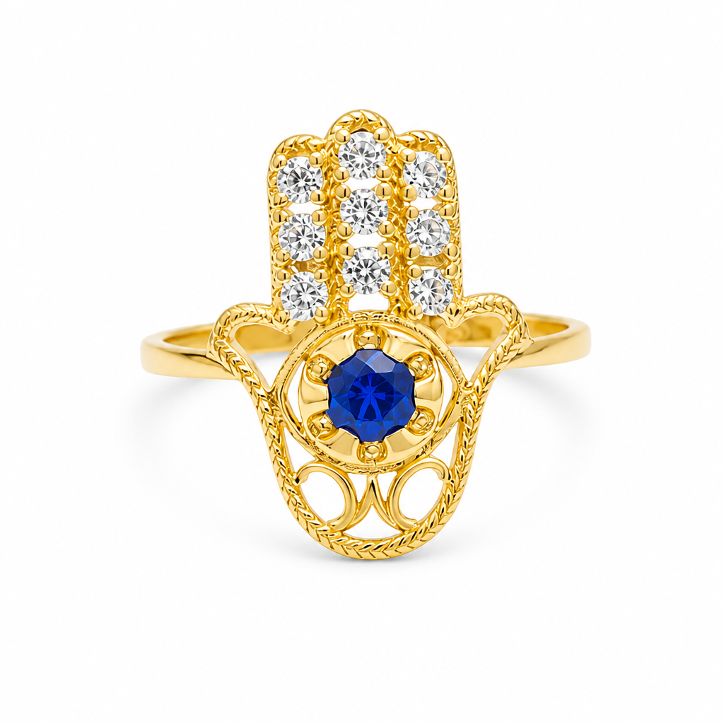 14KT Gold Ring Women's Hand Navy Blue Round Center CZ Stone with 3 White CZ Stones on 3 Fingers and Plain Band