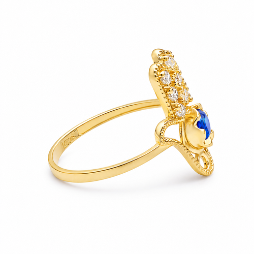14KT Gold Ring Women's Hand Navy Blue Round Center CZ Stone with 3 White CZ Stones on 3 Fingers and Plain Band