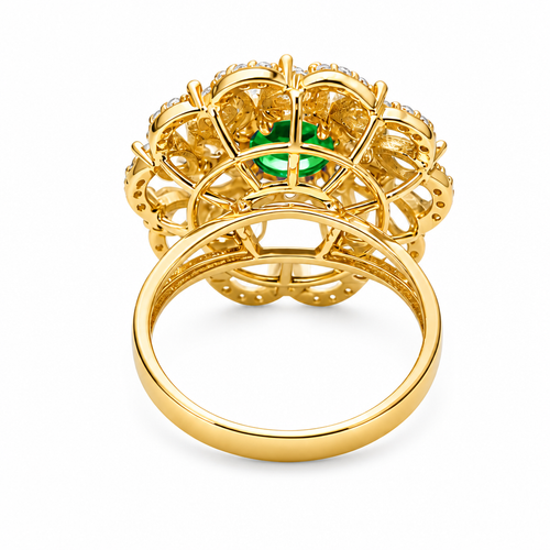 14KT Gold Ring Women's Flower Dark Green Round Center CZ Stone White Pear/Marquise Petals with Round White CZ Stones Border and Plain Split Band