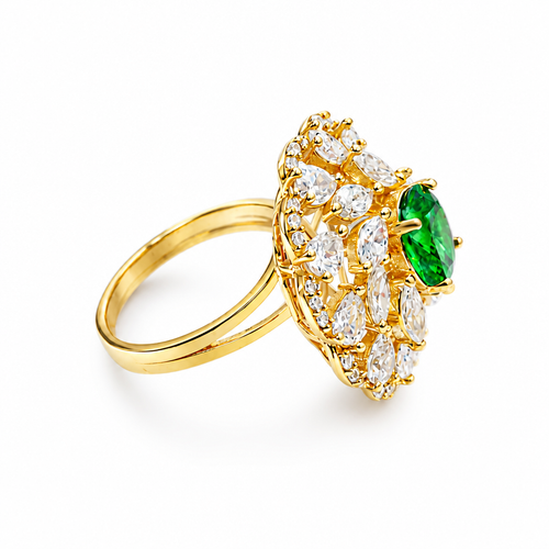 14KT Gold Ring Women's Flower Dark Green Round Center CZ Stone White Pear/Marquise Petals with Round White CZ Stones Border and Plain Split Band