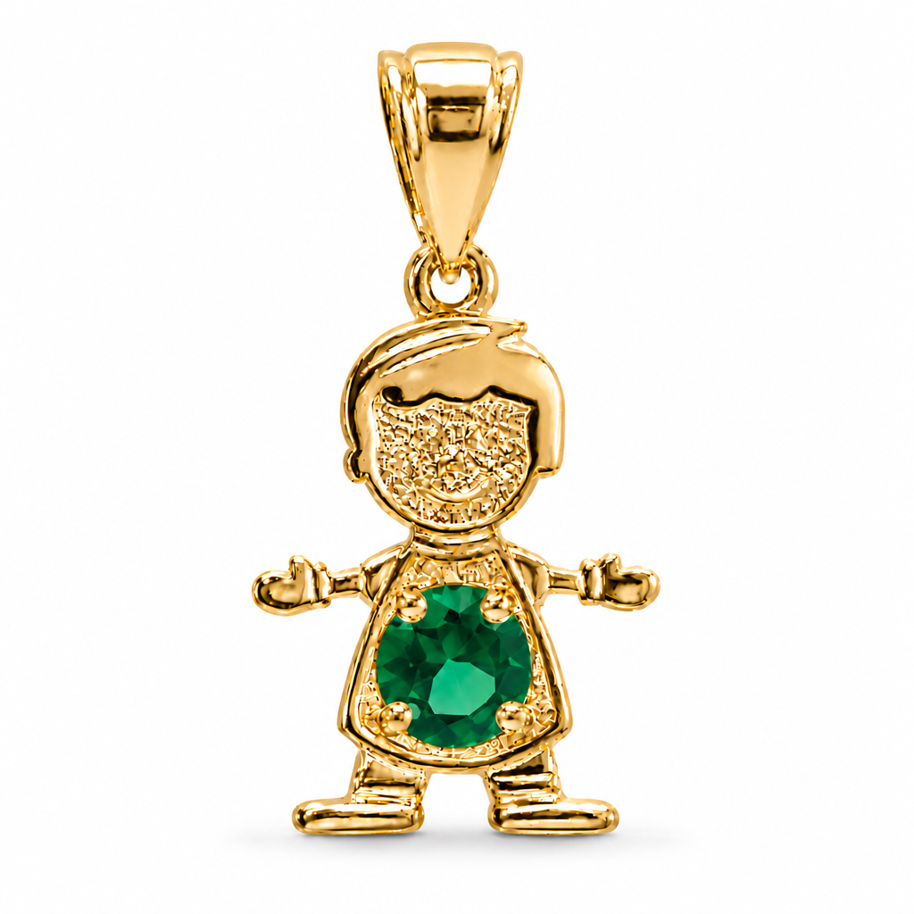 14KT Gold Charm Boy with Green CZ Stone Belly and Plain Bell