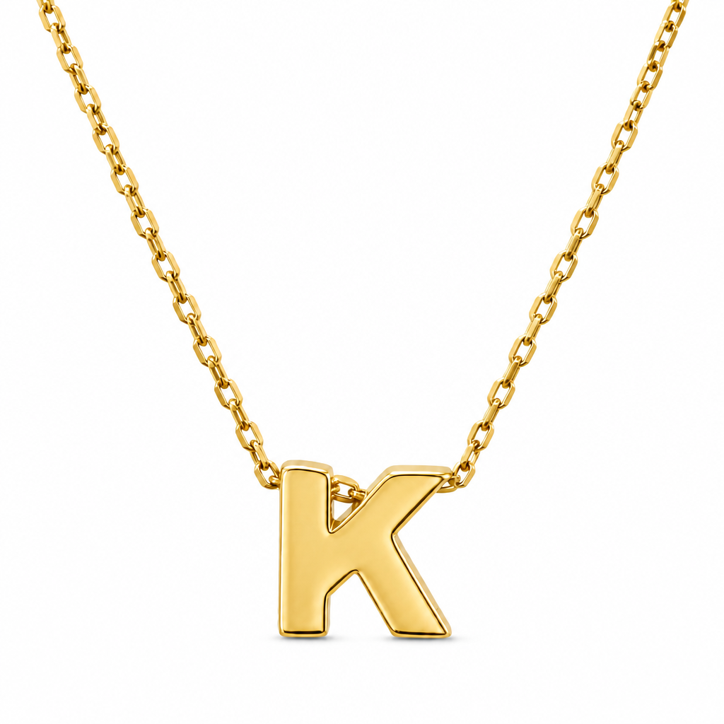14KT Gold Solid Set Thin Chain Cable Link with Spring Lock Clasp and Single Block Font Uppercase Initial "K"