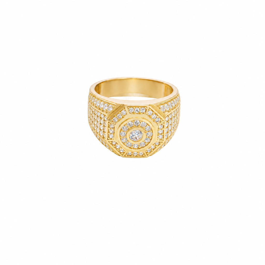 14KT Gold Ring Men's Octagon Raised Center Round White CZ Stone Center Border Plain Edge Band Design Seven Row White CZ Stone Section