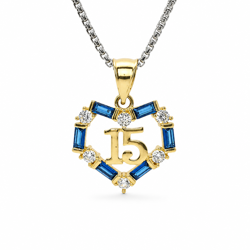 14KT Gold Charm Medium Quinceanera Open Heart with Royal Blue Baguette and White Round CZ Stones Outline with Plain Bell